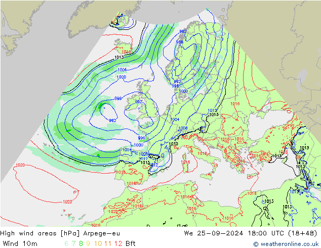 High wind areas Arpege-eu ср 25.09.2024 18 UTC