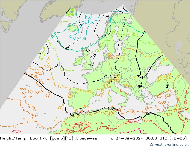 Height/Temp. 850 hPa Arpege-eu 星期二 24.09.2024 00 UTC