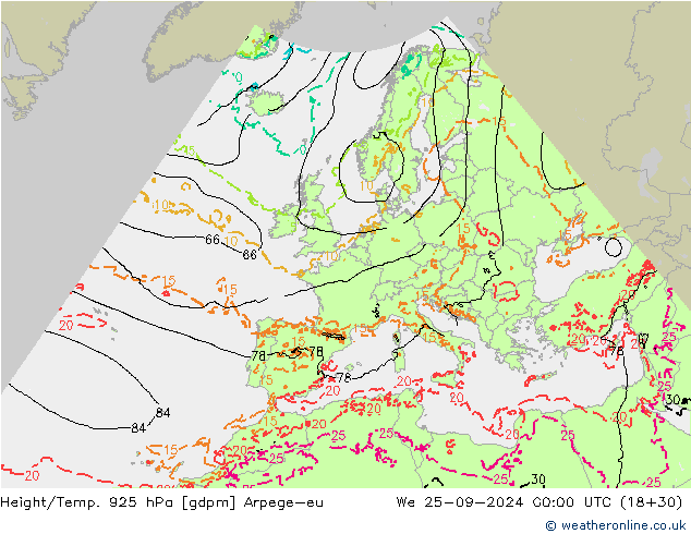 Height/Temp. 925 hPa Arpege-eu We 25.09.2024 00 UTC