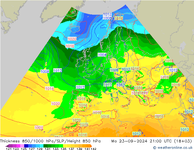 Thck 850-1000 гПа Arpege-eu пн 23.09.2024 21 UTC