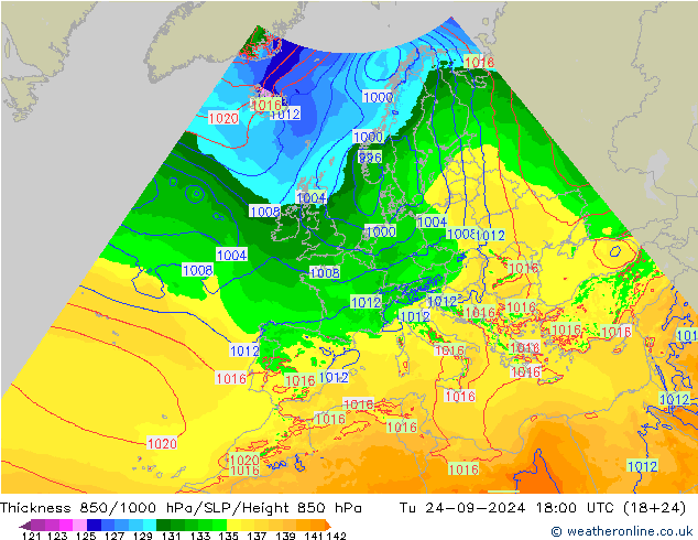 Espesor 850-1000 hPa Arpege-eu mar 24.09.2024 18 UTC