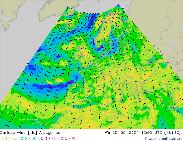 Vento 10 m Arpege-eu mer 25.09.2024 12 UTC