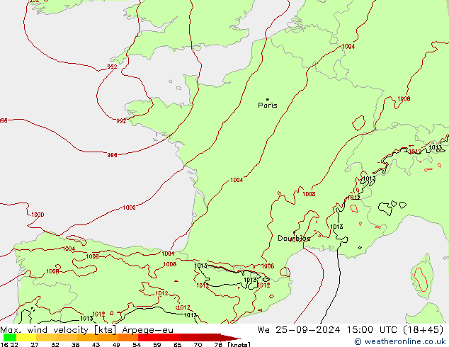 Max. wind velocity Arpege-eu ср 25.09.2024 15 UTC