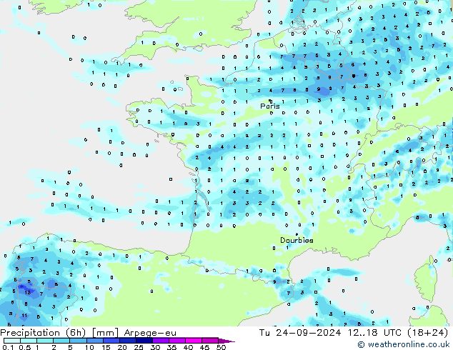 Precipitação (6h) Arpege-eu Ter 24.09.2024 18 UTC