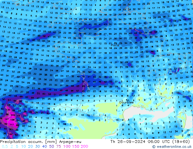 Precipitation accum. Arpege-eu Th 26.09.2024 06 UTC