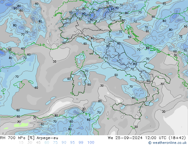 RH 700 hPa Arpege-eu We 25.09.2024 12 UTC