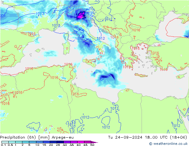 Precipitation (6h) Arpege-eu Tu 24.09.2024 00 UTC