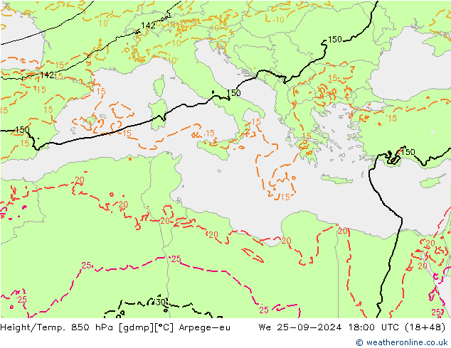 Height/Temp. 850 гПа Arpege-eu ср 25.09.2024 18 UTC