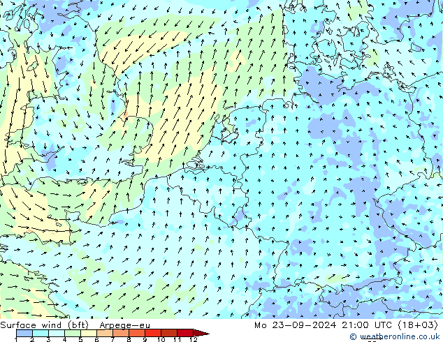 Viento 10 m (bft) Arpege-eu lun 23.09.2024 21 UTC