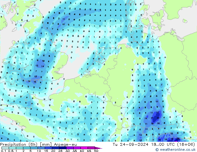 Precipitazione (6h) Arpege-eu mar 24.09.2024 00 UTC