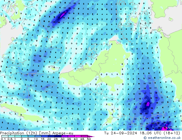 Precipitation (12h) Arpege-eu Tu 24.09.2024 06 UTC