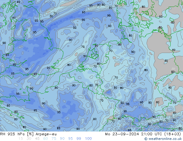 RH 925 hPa Arpege-eu Mo 23.09.2024 21 UTC