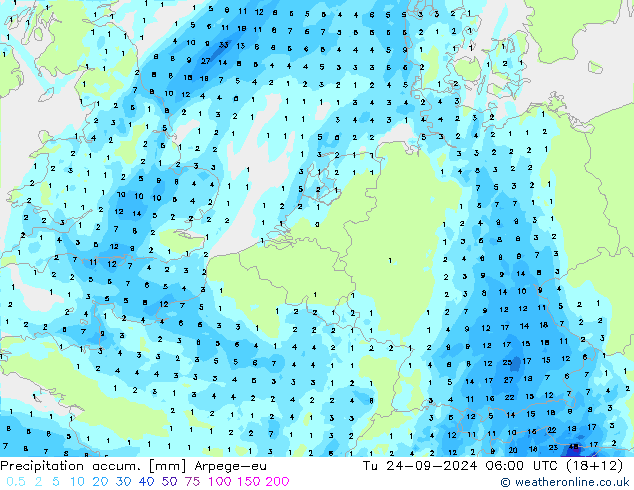 Precipitation accum. Arpege-eu Tu 24.09.2024 06 UTC