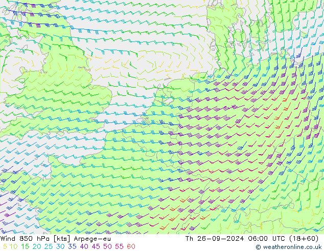 Wind 850 hPa Arpege-eu Do 26.09.2024 06 UTC