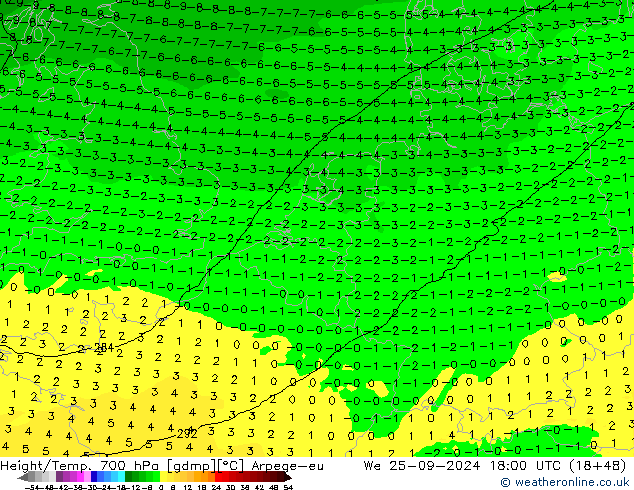 Hoogte/Temp. 700 hPa Arpege-eu wo 25.09.2024 18 UTC