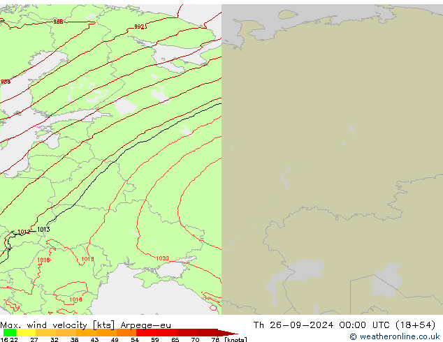 Max. wind velocity Arpege-eu Qui 26.09.2024 00 UTC