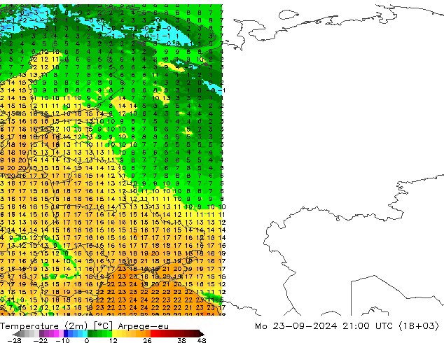 Temperatuurkaart (2m) Arpege-eu ma 23.09.2024 21 UTC