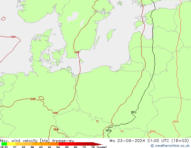 Max. wind velocity Arpege-eu пн 23.09.2024 21 UTC