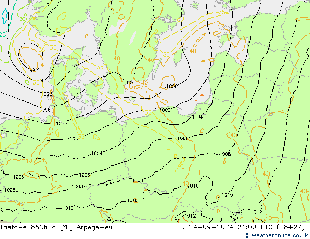 Theta-e 850hPa Arpege-eu Sa 24.09.2024 21 UTC