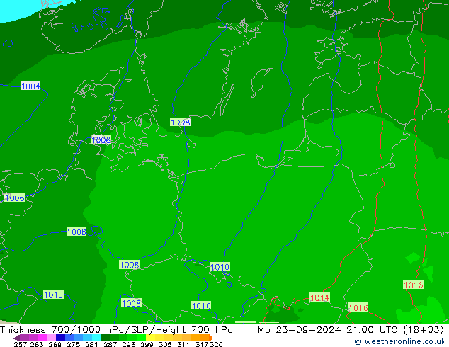 Thck 700-1000 гПа Arpege-eu пн 23.09.2024 21 UTC