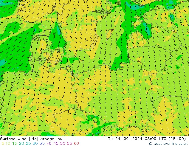 Rüzgar 10 m Arpege-eu Sa 24.09.2024 03 UTC