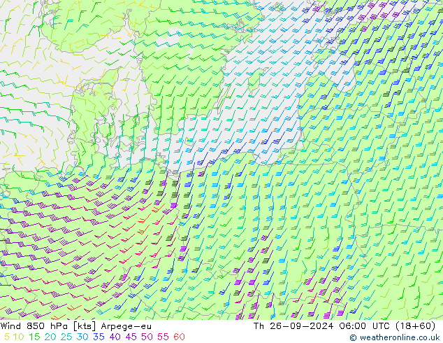 ветер 850 гПа Arpege-eu чт 26.09.2024 06 UTC