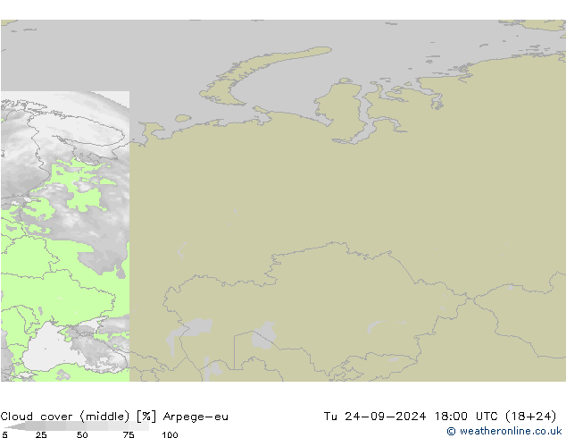 Cloud cover (middle) Arpege-eu Tu 24.09.2024 18 UTC