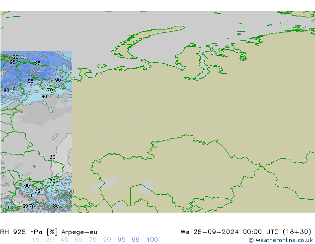 Humidité rel. 925 hPa Arpege-eu mer 25.09.2024 00 UTC