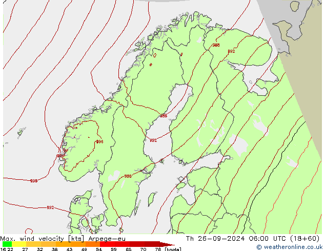 Max. wind velocity Arpege-eu Th 26.09.2024 06 UTC