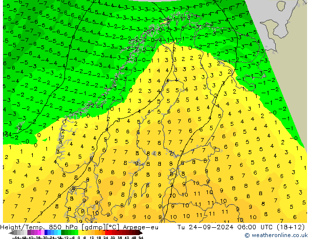 Geop./Temp. 850 hPa Arpege-eu mar 24.09.2024 06 UTC