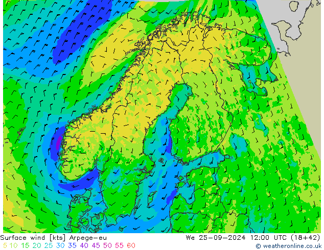 Viento 10 m Arpege-eu mié 25.09.2024 12 UTC