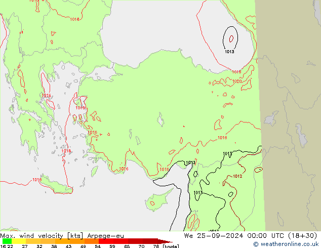 Max. wind velocity Arpege-eu We 25.09.2024 00 UTC