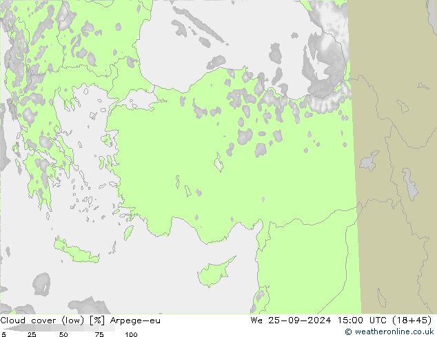 Cloud cover (low) Arpege-eu We 25.09.2024 15 UTC