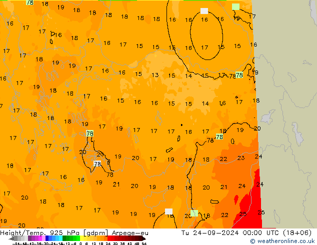 Height/Temp. 925 hPa Arpege-eu Tu 24.09.2024 00 UTC