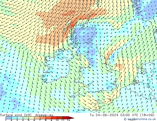 Surface wind (bft) Arpege-eu Tu 24.09.2024 03 UTC