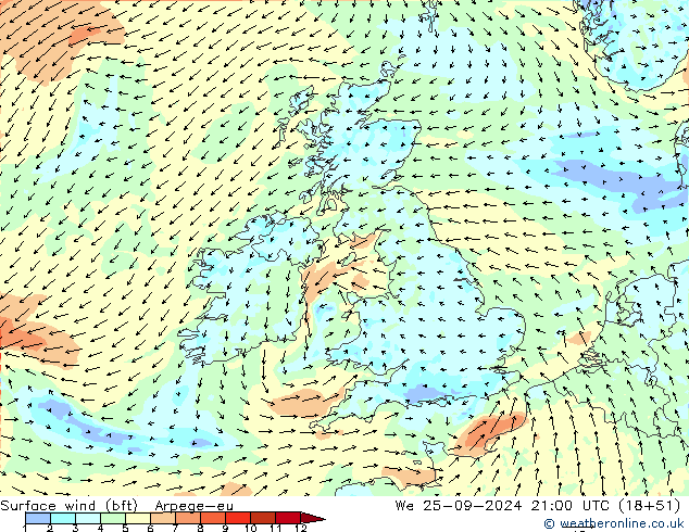 Viento 10 m (bft) Arpege-eu mié 25.09.2024 21 UTC