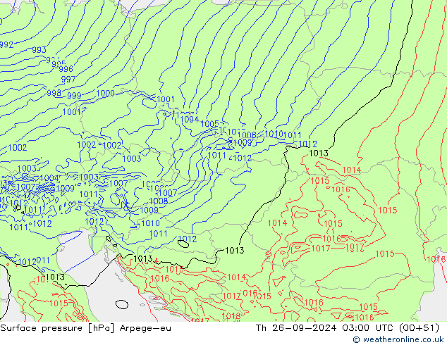 Atmosférický tlak Arpege-eu Čt 26.09.2024 03 UTC