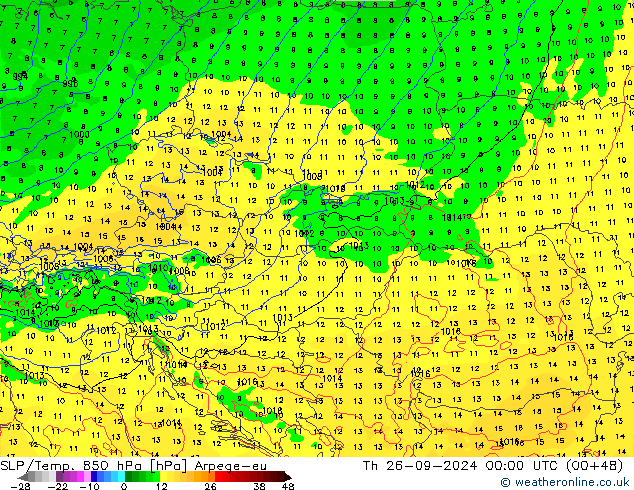 SLP/Temp. 850 hPa Arpege-eu jue 26.09.2024 00 UTC