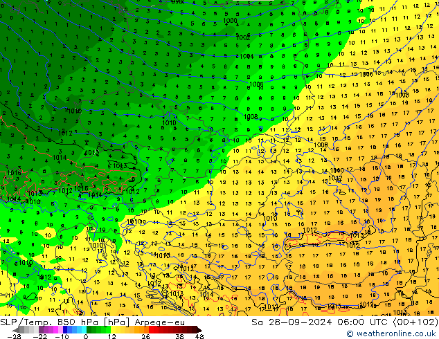 SLP/Temp. 850 гПа Arpege-eu сб 28.09.2024 06 UTC