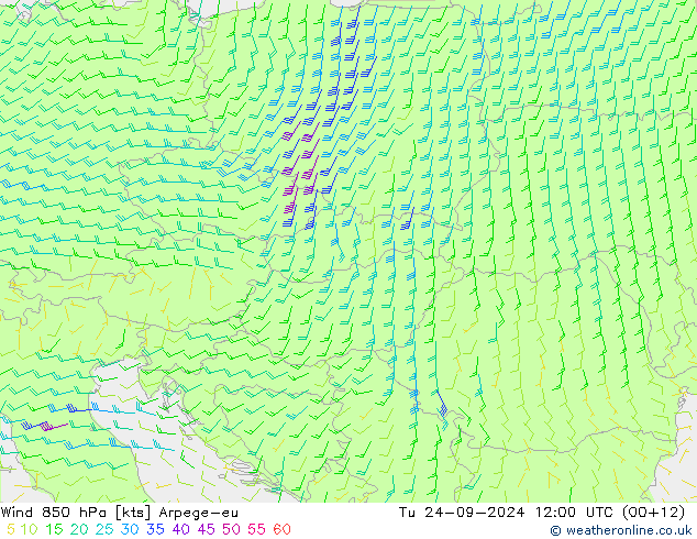 Wind 850 hPa Arpege-eu Tu 24.09.2024 12 UTC