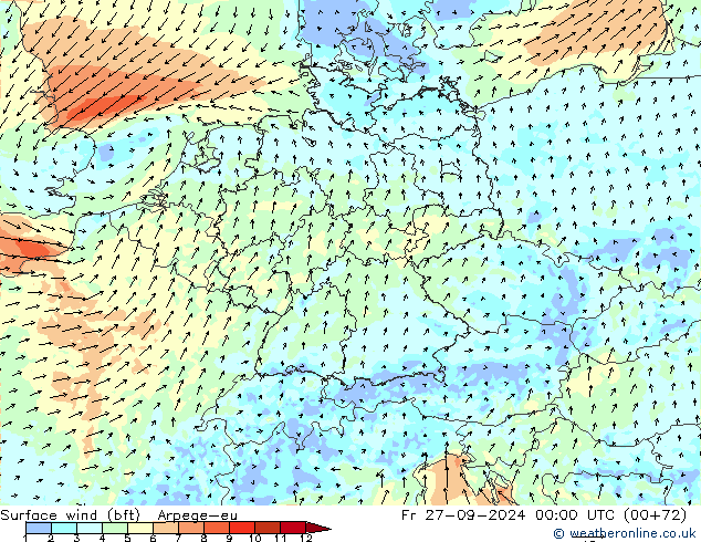 Surface wind (bft) Arpege-eu Fr 27.09.2024 00 UTC