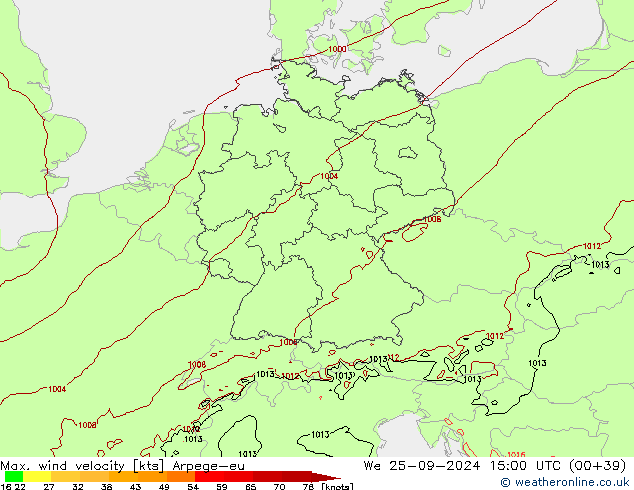 Max. wind velocity Arpege-eu mer 25.09.2024 15 UTC