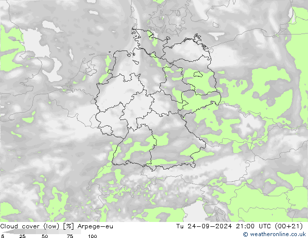 Cloud cover (low) Arpege-eu Tu 24.09.2024 21 UTC