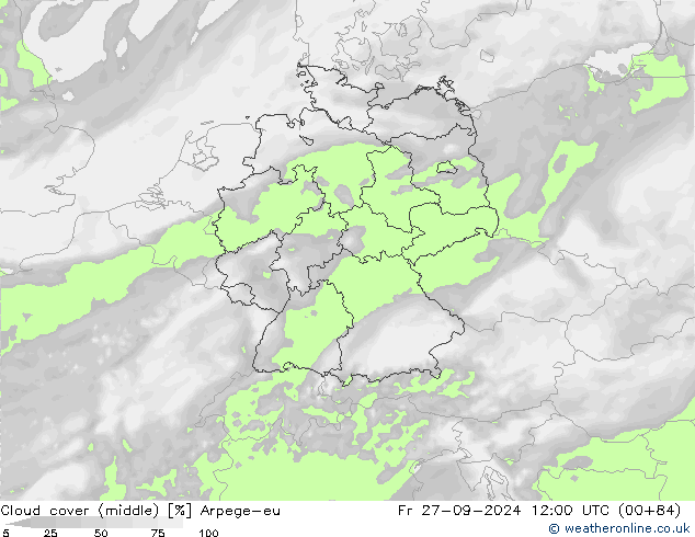 Cloud cover (middle) Arpege-eu Fr 27.09.2024 12 UTC