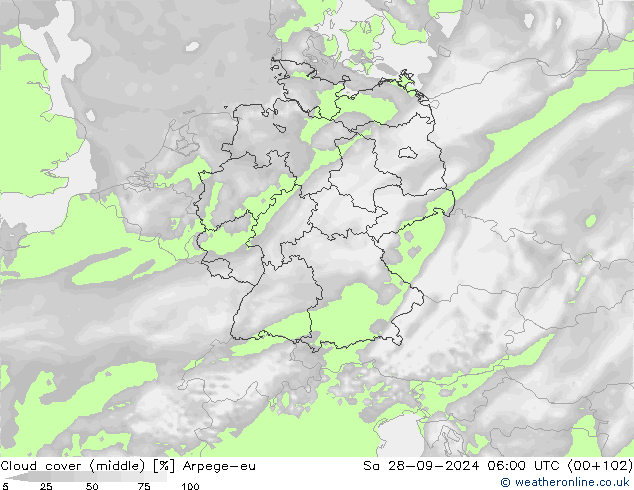 Cloud cover (middle) Arpege-eu Sa 28.09.2024 06 UTC