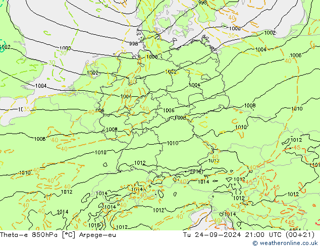 Theta-e 850hPa Arpege-eu Di 24.09.2024 21 UTC