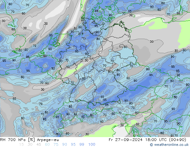 RH 700 гПа Arpege-eu пт 27.09.2024 18 UTC