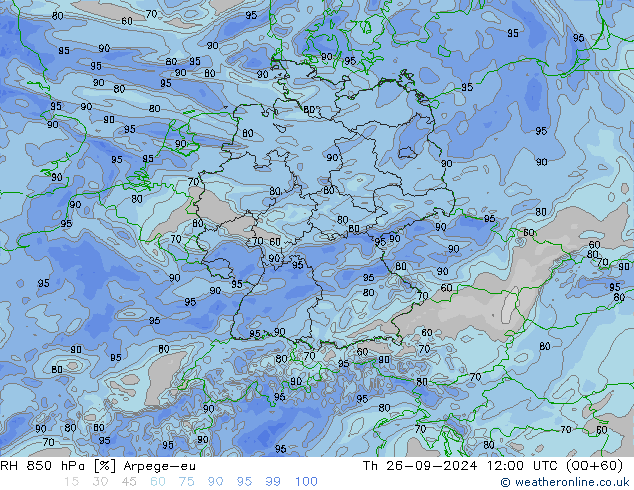 RH 850 hPa Arpege-eu Čt 26.09.2024 12 UTC