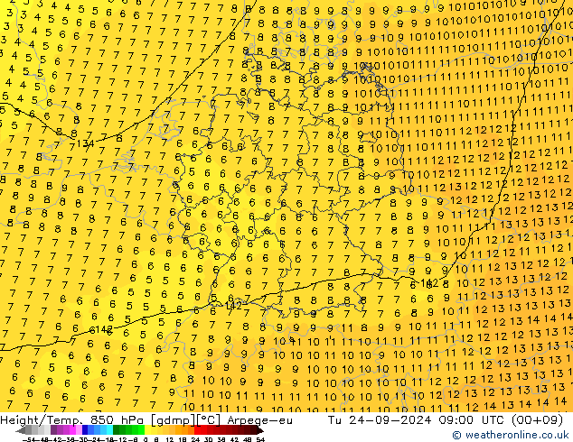 Hoogte/Temp. 850 hPa Arpege-eu di 24.09.2024 09 UTC