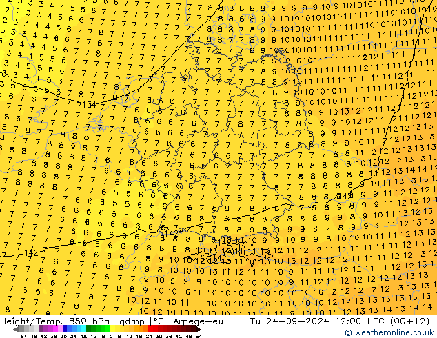 Height/Temp. 850 hPa Arpege-eu Tu 24.09.2024 12 UTC